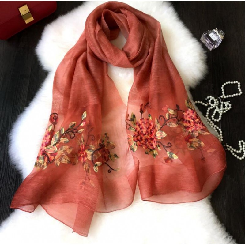 Wool Silk Scaves Black Embroidery Women Summer Scarf